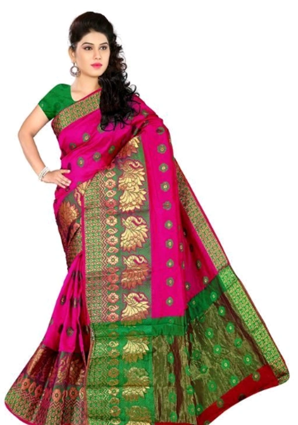 Jacquard Work Banarsi Cotton Silk Saree With Blouse Piece - Pink/ Green